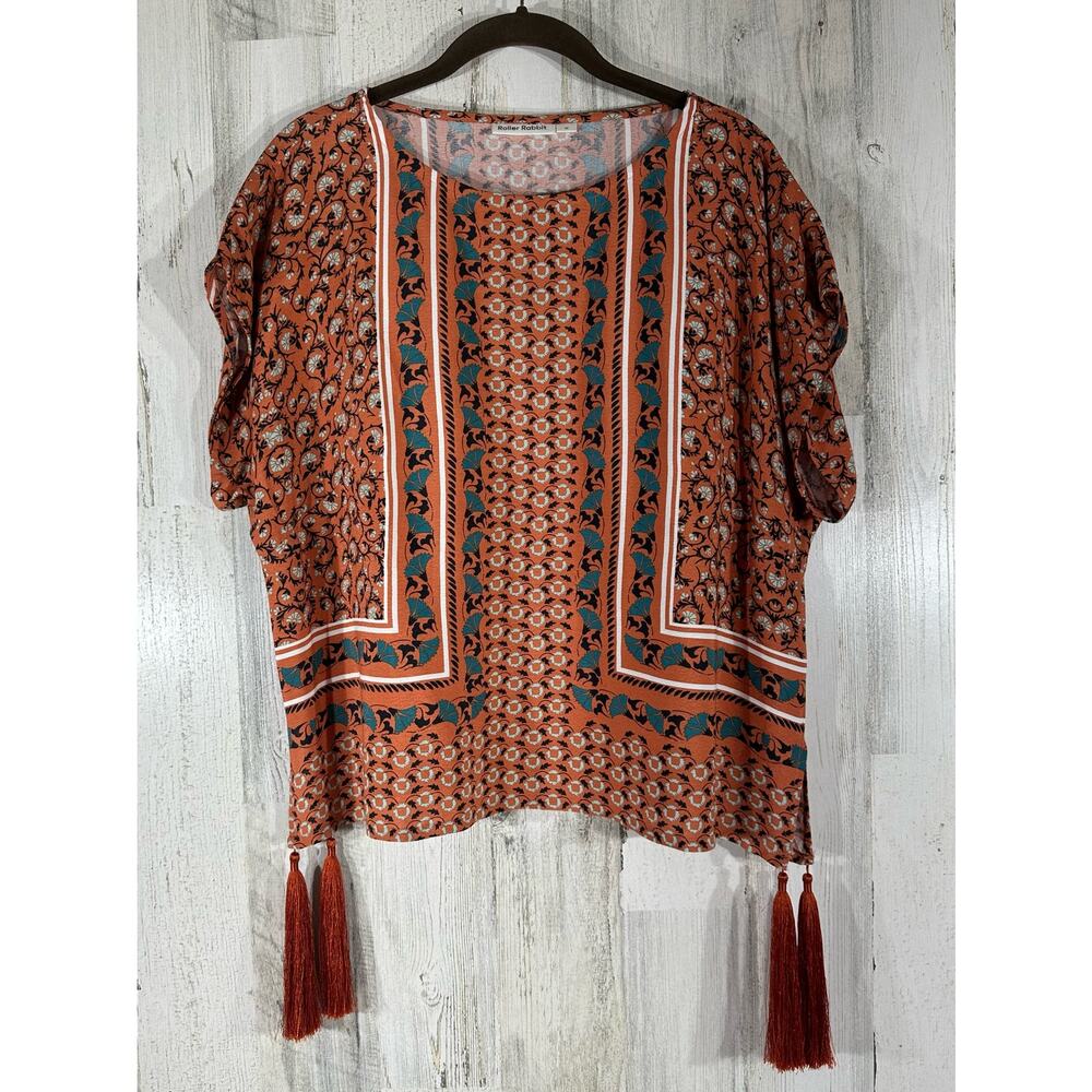 Roller Rabbit Lace Column Alexa Top Size Medium Dark Red (Rust Orange) Tassels
